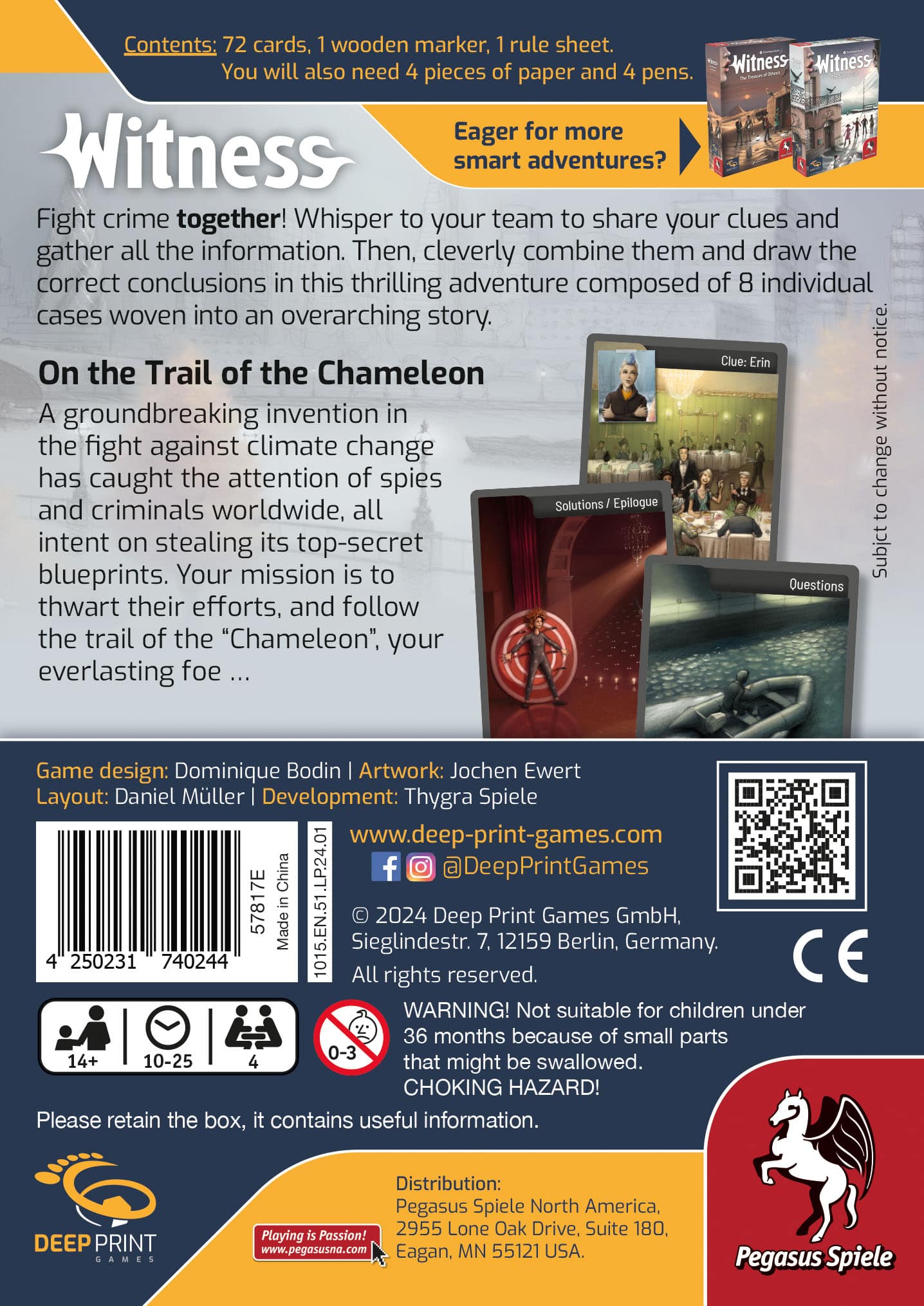 Back of board game box for Witness: On the Trail of the Chameleon by Pegasus Spiele. Includes game info, contents, synopsis, company details, safety warnings, barcodes, QR code, and vibrant graphics. Join the Witness Agency to solve thrilling mysteries!.