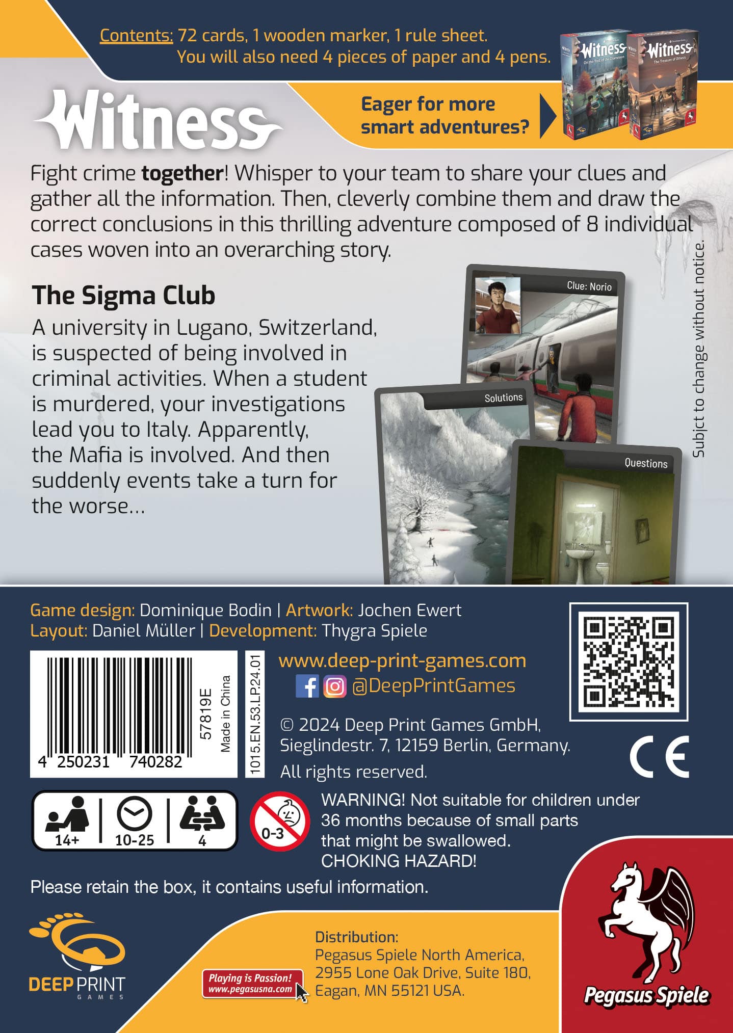 Team up as agents in Witness: The Sigma Club by Pegasus Spiele, a cooperative deduction mystery game. Includes all contents, warnings, developer info, social links, and images of a classroom, student, and hallway.