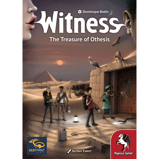 The cover of Witness: The Treasure of Othesis (Pegasus Spiele) features explorers with artifacts, camels, a vulture, pyramids, and a tomb in the desert as two giant faces watch from the sky; logos appear in the corners.