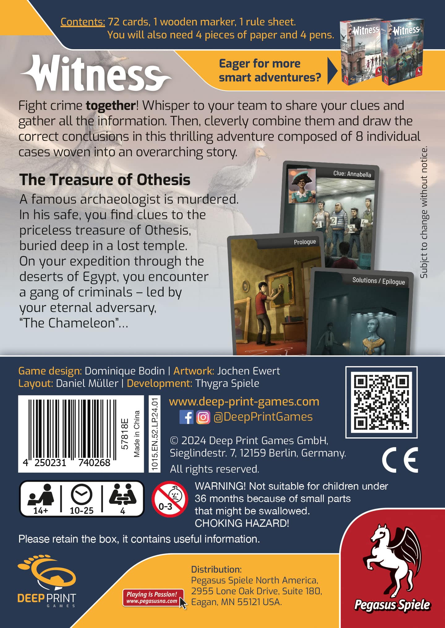 Back cover of Witness: The Treasure of Othesis by Pegasus Spiele, displaying game components, a murdered archaeologist story summary, gameplay info from the Witness Agency, safety warnings, publisher logos, and age suitability icons on parchment backgroun