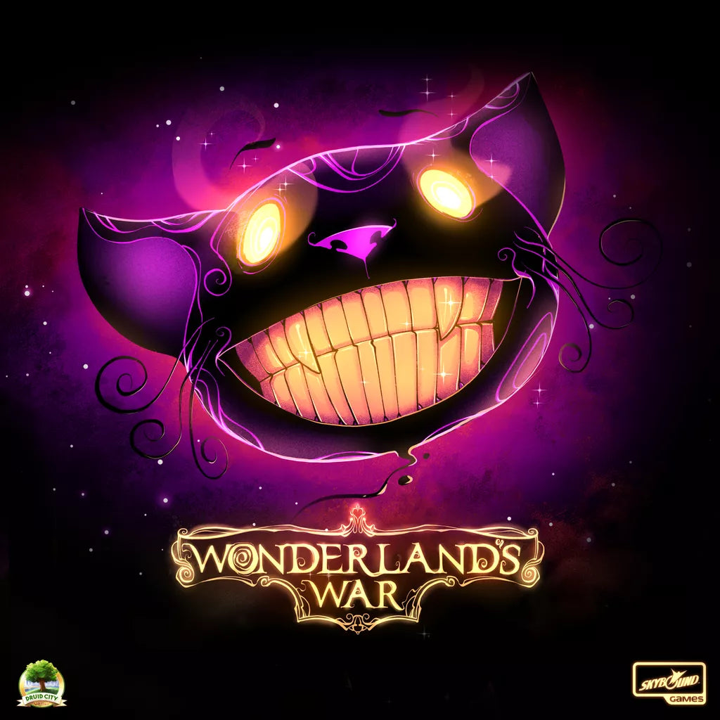 A grinning Cheshire Cat with bright yellow eyes floats on a dark purple background above “Wonderland’s War” in ornate gold text, capturing the whimsy of this Alice in Wonderland–inspired game from Skybound Games.