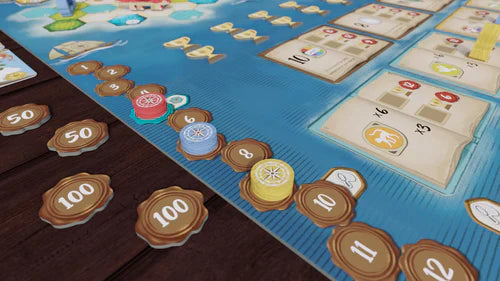 A close-up of Wondrous Creatures by Bad Comet in play, showing tokens, stacked chips, and numbered scoring markers (multiples of ten) on a blue board beside a wooden table.