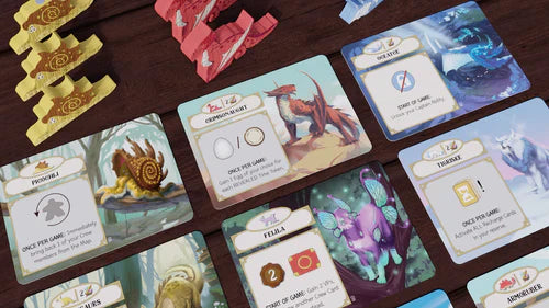 A close-up of Wondrous Creatures: Crew Set Expansion by Bad Comet, with illustrated animal and fantasy creature cards, yellow wooden animal pieces, Crew Cards, and tokens arranged on a wooden table.