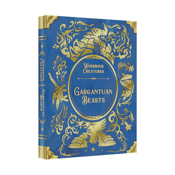 The Bad Comet Wondrous Creatures: Gargantuan Beasts Expansion showcases a blue and gold illustrated cover with ornate designs and mythical beasts, inviting players to uncover powerful rewards in this captivating game expansion.