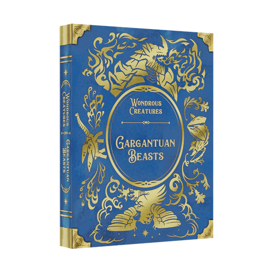 The Bad Comet Wondrous Creatures: Gargantuan Beasts Expansion showcases a blue and gold illustrated cover with ornate designs and mythical beasts, inviting players to uncover powerful rewards in this captivating game expansion.