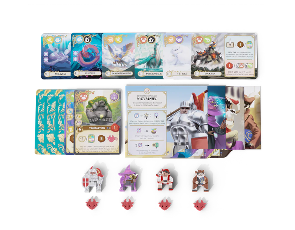 Experience the Wondrous Creatures: Gargantuan Beasts Expansion by Bad Comet, featuring vibrant character and action cards, illustrated tokens, player boards, four armored figures, and four red dragon-head tokens for epic adventures and powerful rewards.