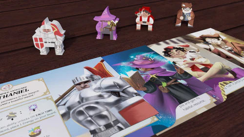 Colorful cardboard game pieces from Bad Comet’s Wondrous Creatures: Gargantuan Beasts Expansion stand beside illustrated cards, now including new knights, wizards, and fantasy figures with powerful rewards.