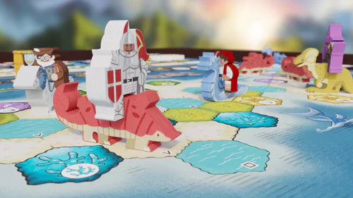 Colorful knight, dragon, and animal pieces from Bad Comet’s Wondrous Creatures: Gargantuan Beasts Expansion stand on a vibrant hex-tiled board, creating a whimsical fantasy scene that promises powerful rewards for players.