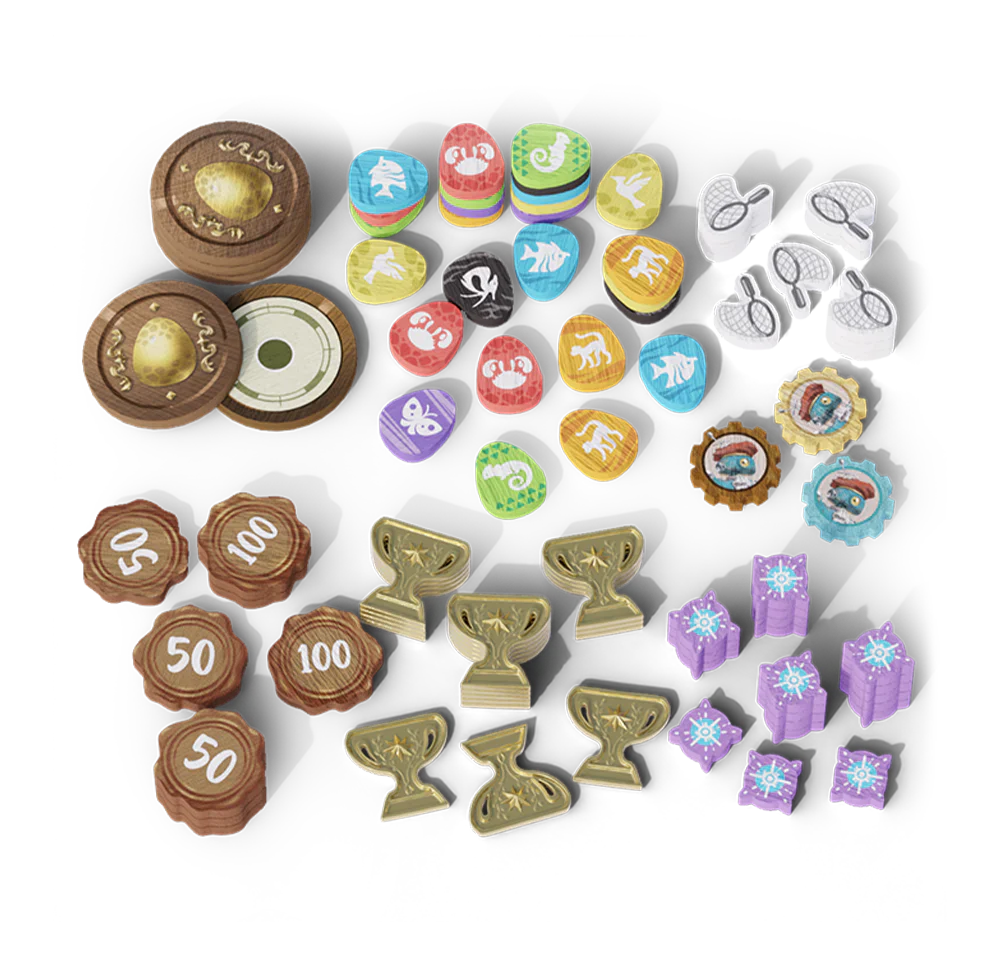 The Wondrous Creatures: Upgraded Components Expansion by Bad Comet features colorful game pieces, including animal-shaped tokens, wooden discs, purple houses, gold trophies, and more—all displayed on a white background.