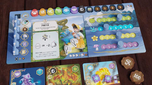 The Wondrous Creatures: Upgraded Components Expansion by Bad Comet includes a vibrant player mat, Freya character card, wooden upgrades and tokens, point markers, and numbered tracks—all displayed on a wooden table.