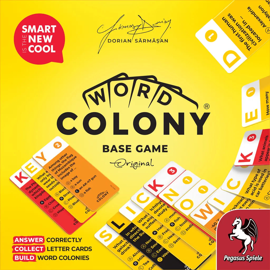Square image of the Word Colony Bundle board game box by Pegasus Spiele, with title and cards shown featuring phrases like “Smart is the new cool” and “Answer, Collect, Build,” highlighting this fun trivia word game.