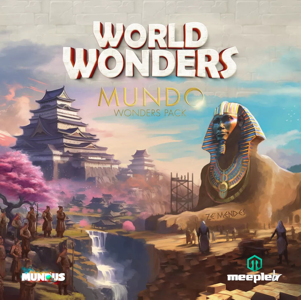 The World Wonders: Mundo Wonders Pack by Arcane Wonders features box art with a Japanese castle, the Great Sphinx of Giza, and people in historical dress beside a river, plus the title text on the cover.