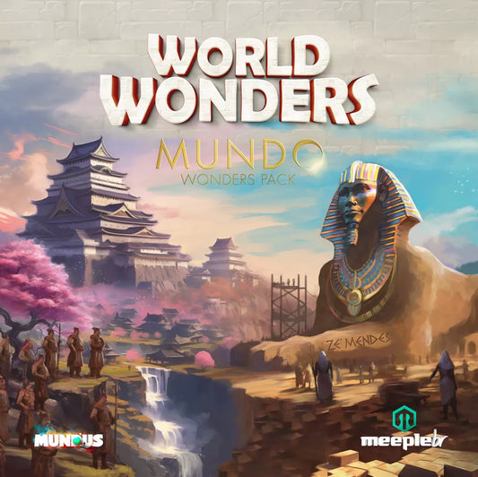The World Wonders: Mundo Wonders Pack by Arcane Wonders features box art with a Japanese castle, the Great Sphinx of Giza, and people in historical dress beside a river, plus the title text on the cover.