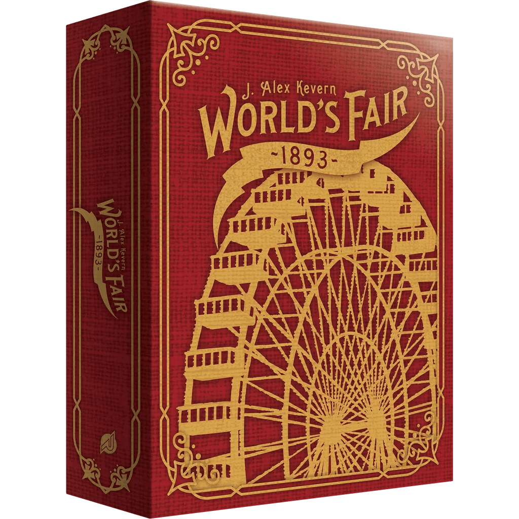 A red box with gold-embossed Ferris wheel artwork and ornate borders displays the title "World's Fair 1893" and Renegade Game Studios’ logo, capturing the excitement of an international exhibition.