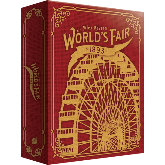 A red box with gold-embossed Ferris wheel artwork and ornate borders displays the title "World's Fair 1893" and Renegade Game Studios’ logo, capturing the excitement of an international exhibition.