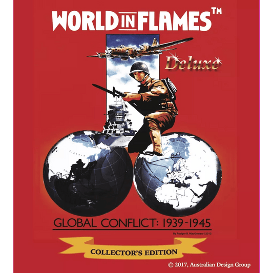 The cover of World in Flames Collector's Edition Deluxe by Australian Design Group shows a soldier, warship, and airplane above two globes on a red background, with Collectors Edition and copyright details included in the text.