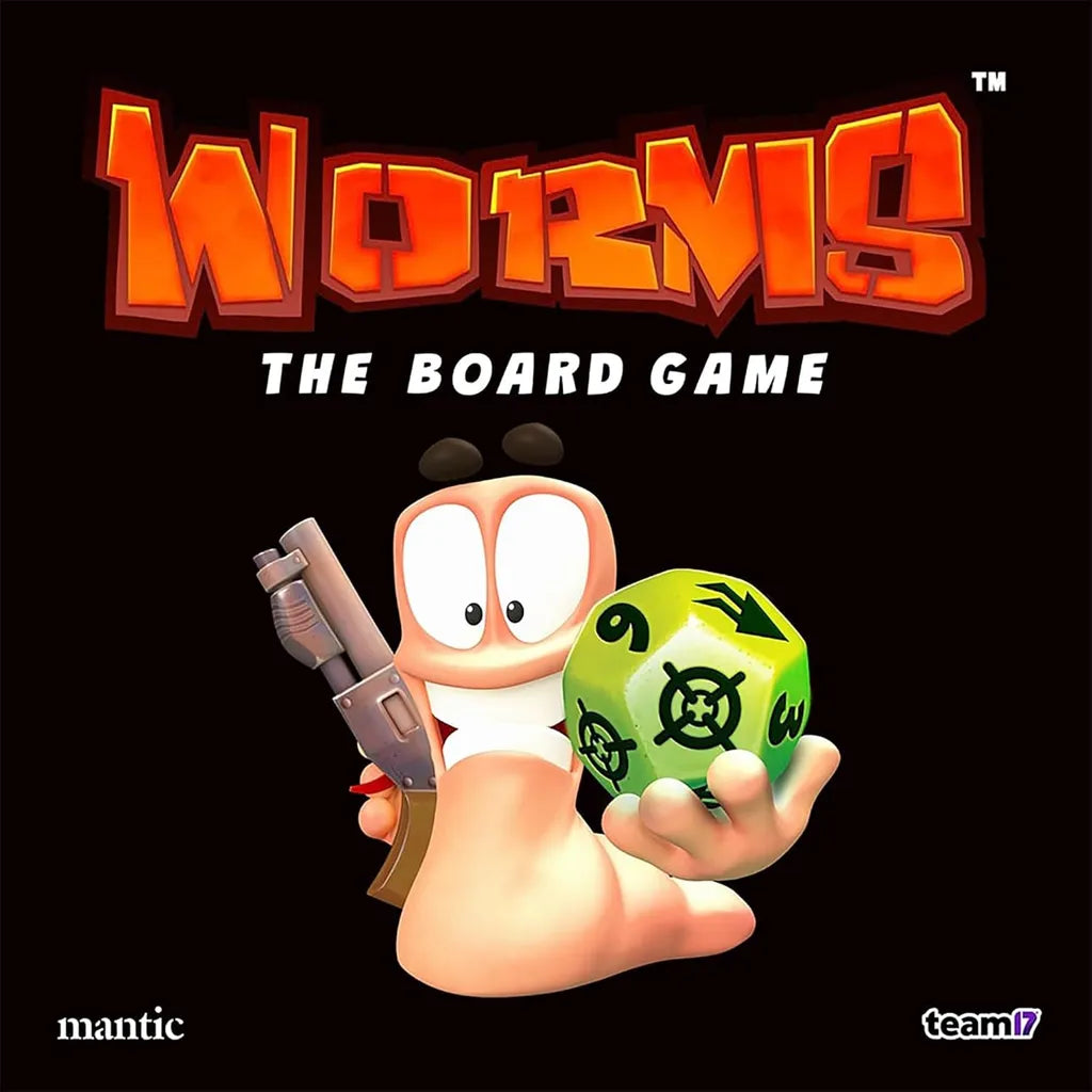 A cartoon worm with a revolver and a green die stands under the title "Worms: The Board Game." Great for fans, it features the Mantic Games logo and Team17 logo on a black background.