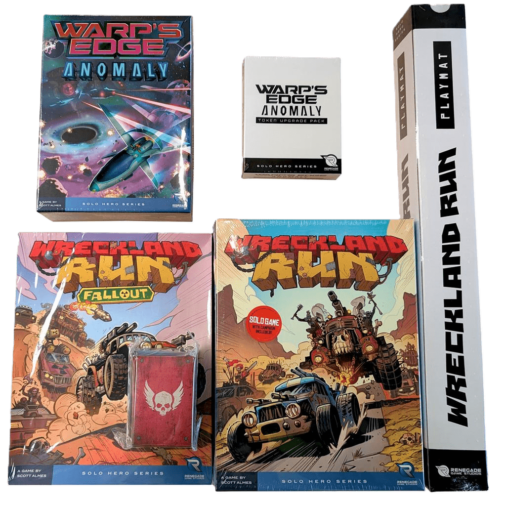 A set of board game items from Renegade Game Studios, featuring the Wreckland Run (Kickstarter Wreck & Roll Pledge), Warp's Edge Anomaly, a card deck, playmat tube, and a small metal box with a skull logo.
