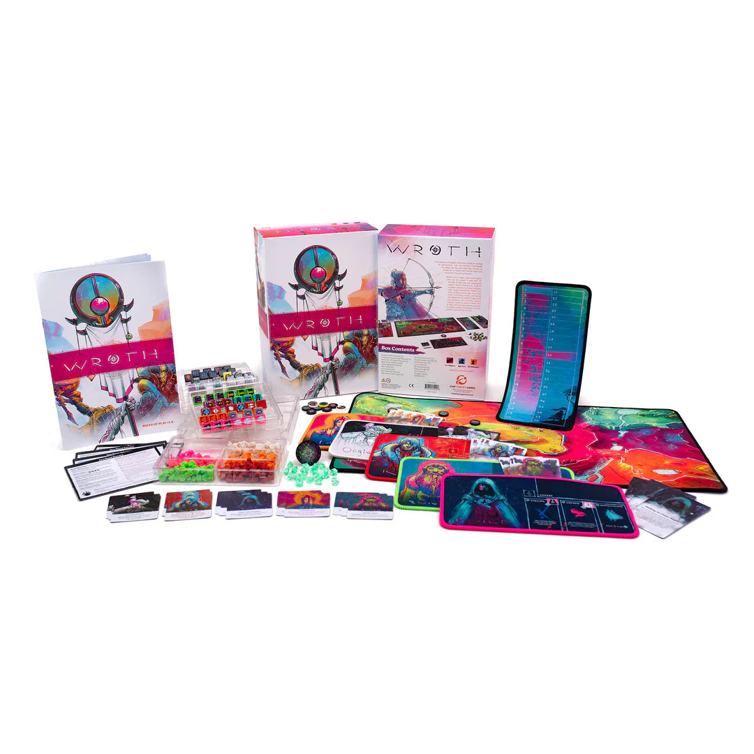 Components from Chip Theory Games’ Wroth: All Gameplay—including cards, boxes, character sheets, tokens, dice, and boards—are arranged on a white surface, featuring vibrant neon colors and fantasy sci-fi art.