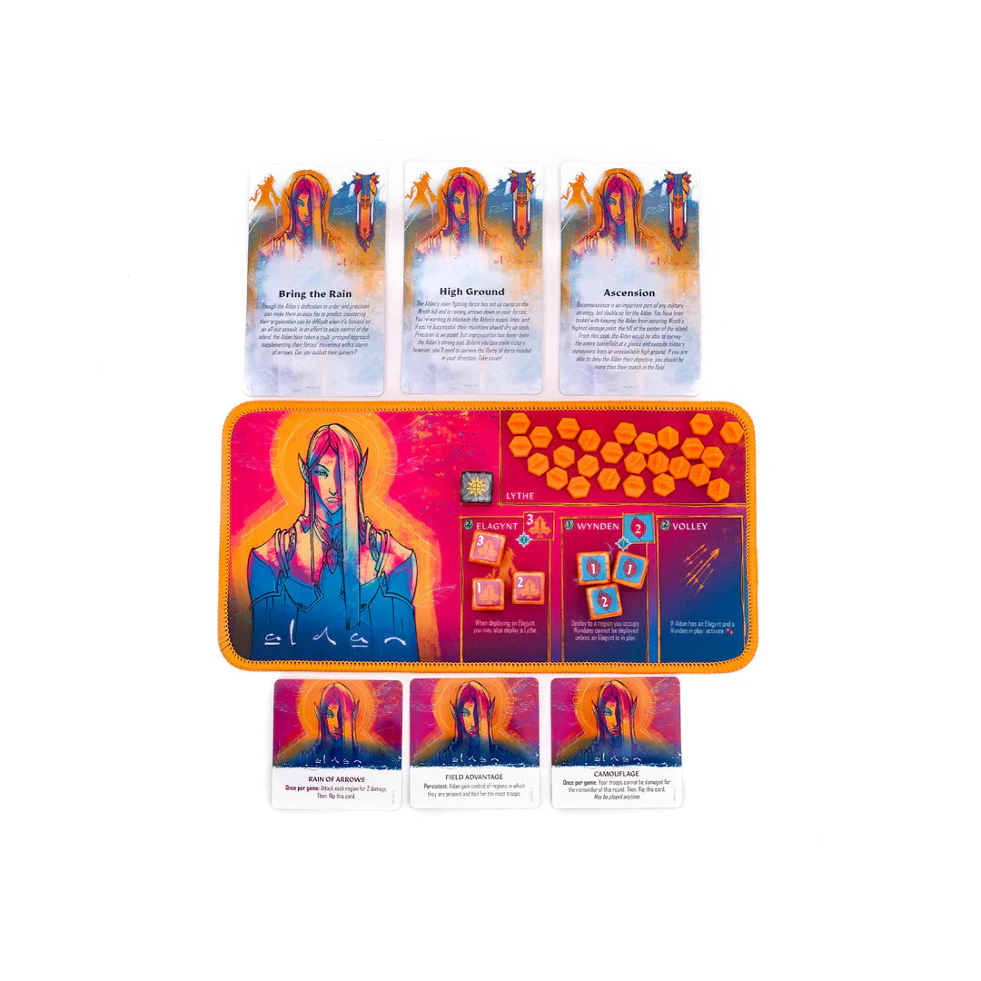 Experience “Wroth: All Gameplay” by Chip Theory Games—a vibrant area control board game with a rectangular board featuring a stylized character, orange tokens, red dice, and unique character and ability cards for asymmetric gameplay.