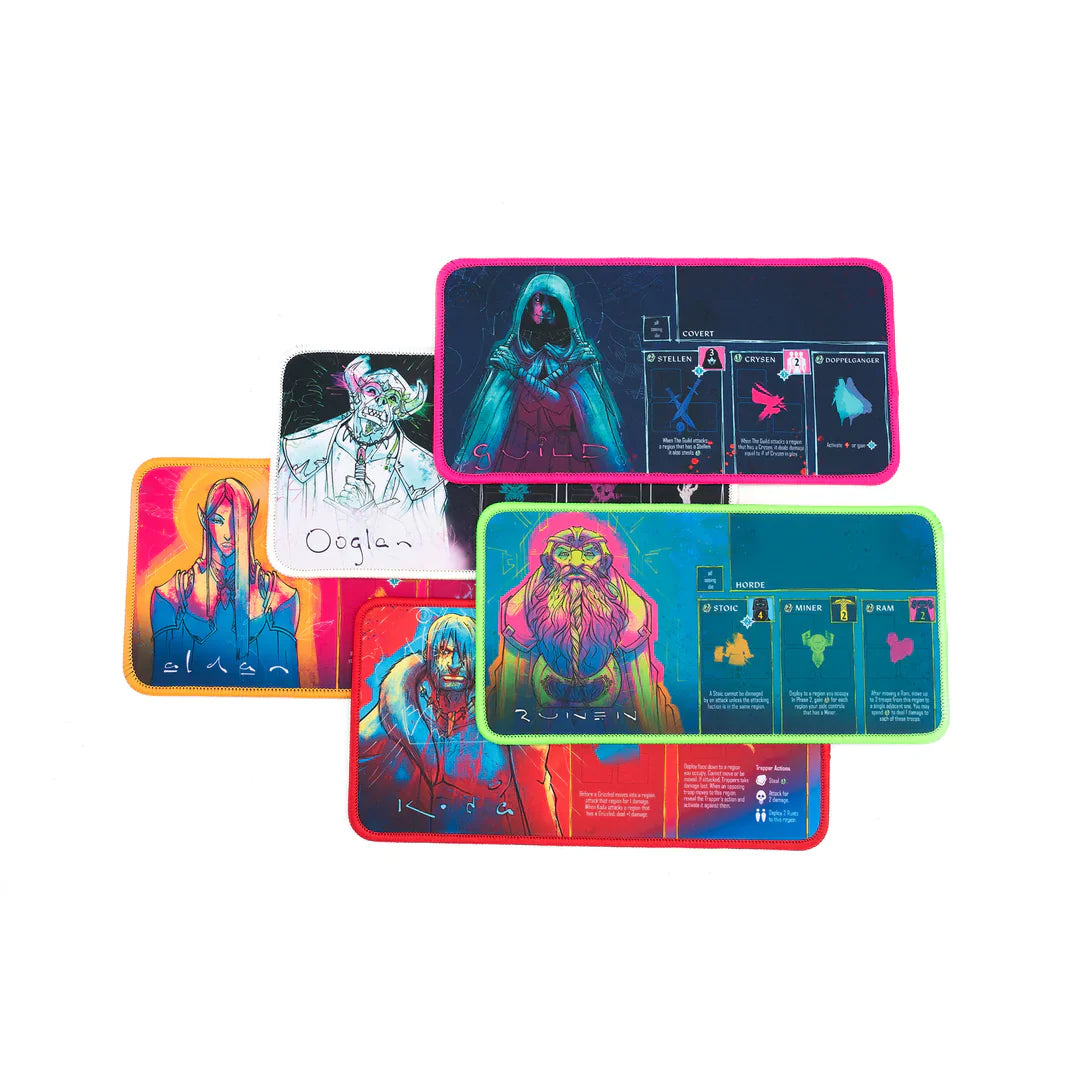 Four colorful Wroth: All Gameplay cards from Chip Theory Games overlap on a white background, each featuring illustrated characters, asymmetric abilities, game stats, and icons.