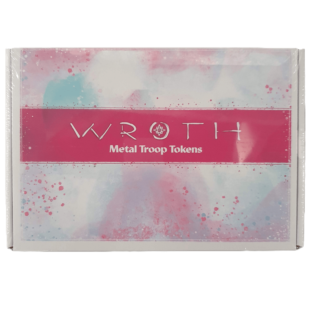 A box of Wroth: Metal Troop Tokens by Chip Theory Games features a pink and white design with a central pink band and pastel blue and pink splashes, ideal for representing game factions.