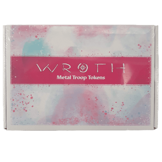 A box of Wroth: Metal Troop Tokens by Chip Theory Games features a pink and white design with a central pink band and pastel blue and pink splashes, ideal for representing game factions.