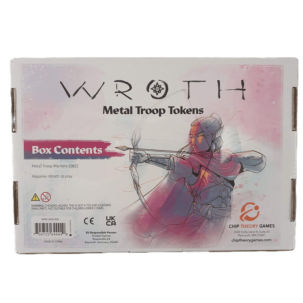 The Wroth: Metal Troop Tokens box from Chip Theory Games features an armored archer drawing a bow, lists contents and safety info, and spotlights the tokens’ strategic value for Wroth factions. The Chip Theory Games logo appears at the bottom right.