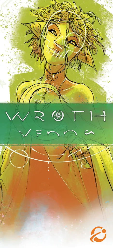 A spiky green-haired, golden-skinned character stands with a dagger as abstract symbols suggest asymmetric play. Bold 'Wroth: All Gameplay' text by Chip Theory Games sweeps across the center, highlighting this bundle.