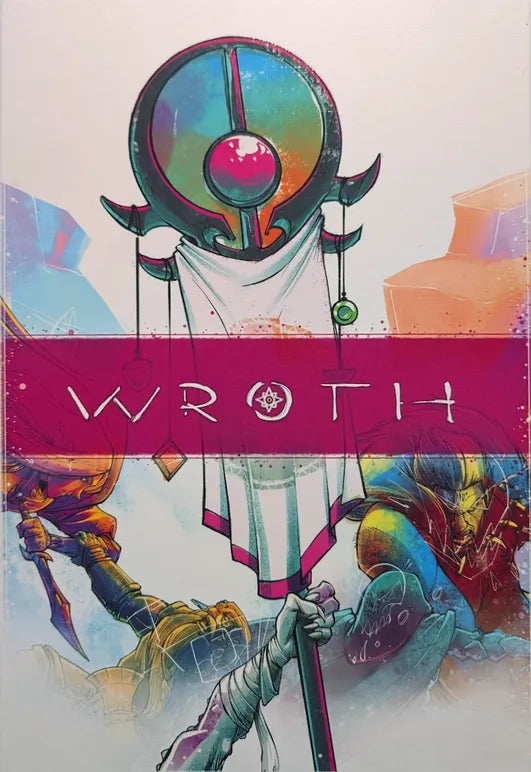 A vibrant fantasy illustration for Chip Theory Games’ “Wroth: All Gameplay” depicts a grand staff with a gem and WROTH banner, while two armored warriors, each uniquely skilled, duel—capturing the excitement of this area control board game.
