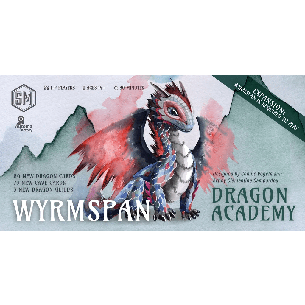 A vibrant fantasy card game box cover shows a feathered dragon before mountains. Text: Wyrmspan Bundle by Stonemaier Games, with game details and dragon sanctuary bundle info displayed on the sides.