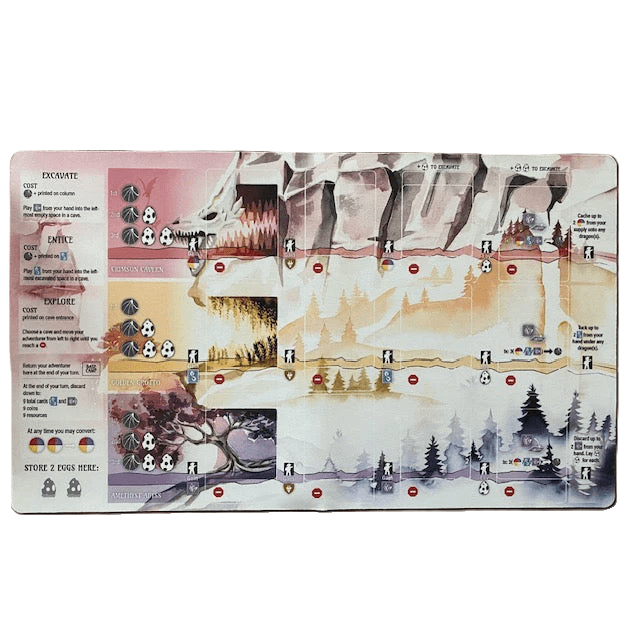 The Wyrmspan: Natural Rubber Playmat by Stonemaier Games is a rectangular game board with mountain, canyon, and forest zones, icons, text instructions on the left, and colored pathways featuring worker and tool symbols.