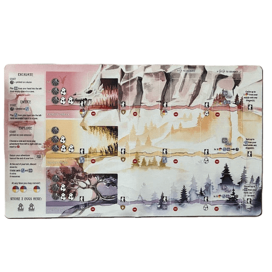 The Wyrmspan: Natural Rubber Playmat by Stonemaier Games is a rectangular game board with mountain, canyon, and forest zones, icons, text instructions on the left, and colored pathways featuring worker and tool symbols.