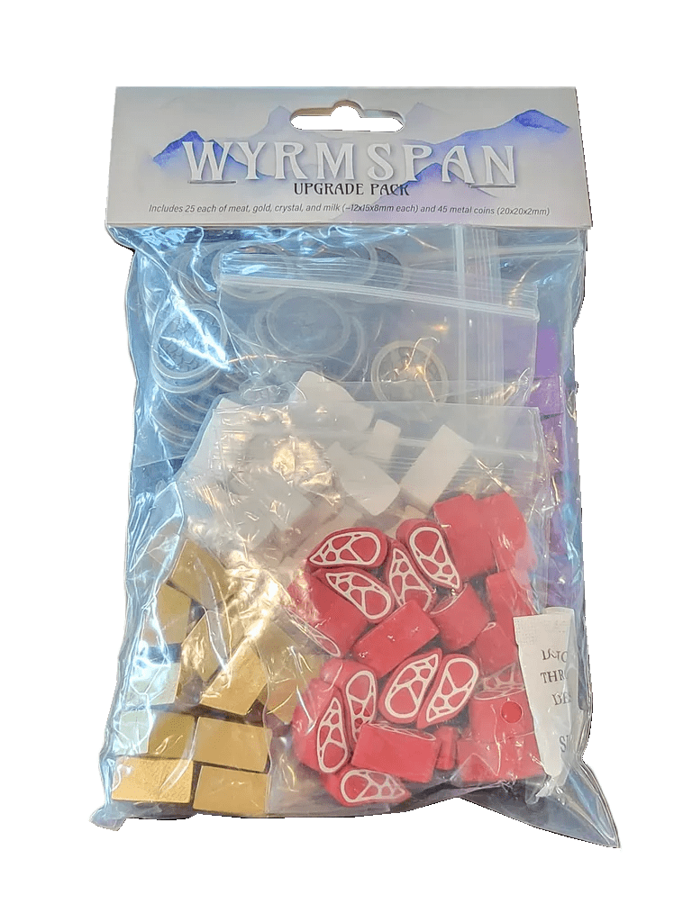 A sealed plastic bag labeled Wyrmspan: Upgrade Pack by Stonemaier Games, containing red and gold wooden resource tokens, Wyrmspan metal coins, small plastic bags, and various board game accessories.