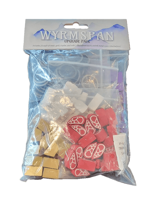 A sealed plastic bag labeled Wyrmspan: Upgrade Pack by Stonemaier Games, containing red and gold wooden resource tokens, Wyrmspan metal coins, small plastic bags, and various board game accessories.