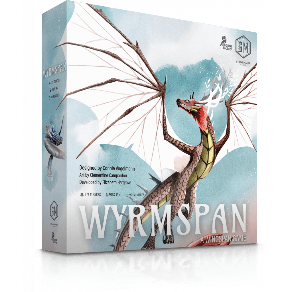 Box cover of Stonemaier Games’ Wyrmspan and Upgrade Pack Bundle shows a majestic dragon with white wings, green and red scales, and antler-like horns against a soft watercolor sky background.