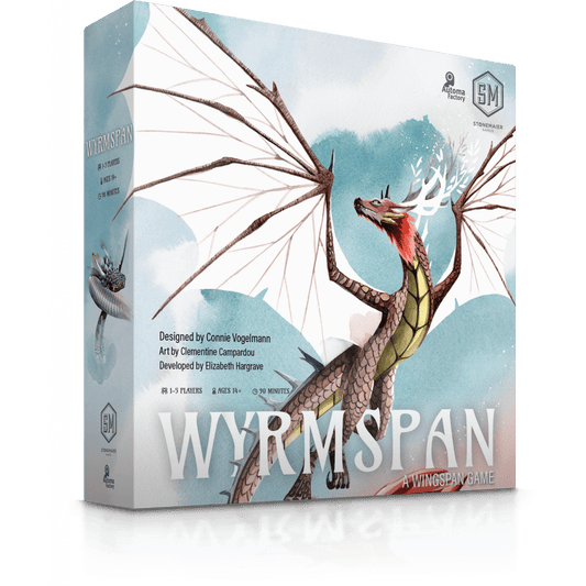 Box cover of Stonemaier Games’ Wyrmspan and Upgrade Pack Bundle shows a majestic dragon with white wings, green and red scales, and antler-like horns against a soft watercolor sky background.