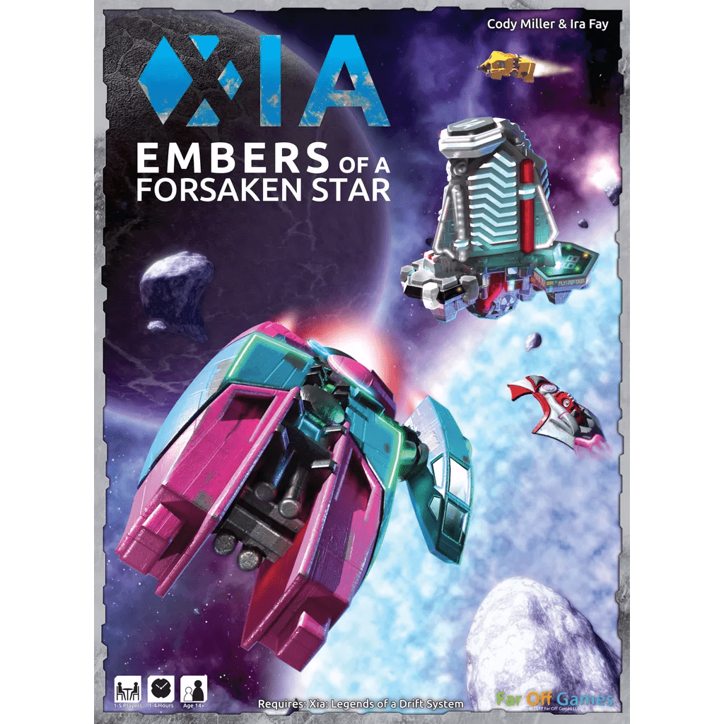 The cover art for Xia: Legends of a Drift System Bundle by Far Off Games depicts colorful spaceships navigating asteroid fields in deep space, with the game's title featured above, capturing the excitement of this sandbox adventure board game.
