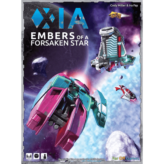 The cover art for Xia: Legends of a Drift System Bundle by Far Off Games depicts colorful spaceships navigating asteroid fields in deep space, with the game's title featured above, capturing the excitement of this sandbox adventure board game.