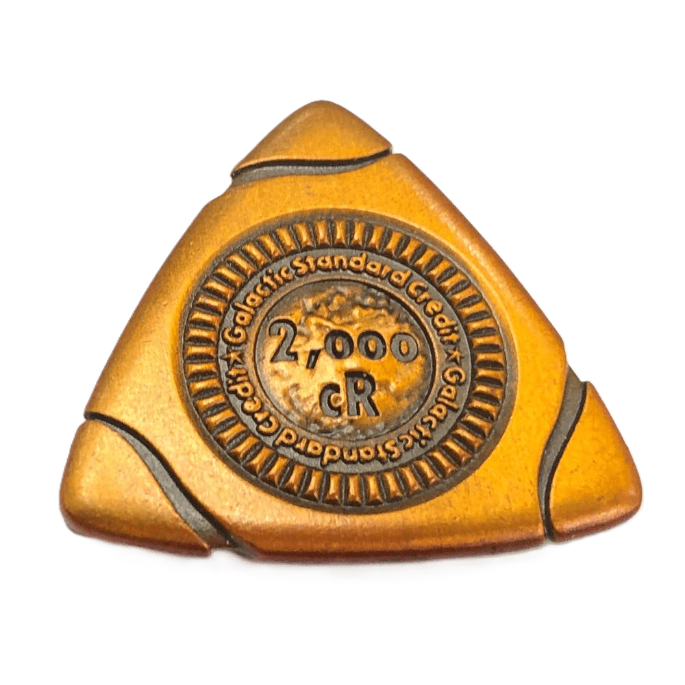 A triangular, gold-colored metal coin from Far Off Games’ Xia: Legends of a Drift System, engraved with "2,000 cR" and "Galactic Standard Credit"—ideal as a Star Wars-style collectible or Kickstarter add-on.
