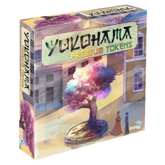 The image shows a box of Yokohama: Premium Tokens by Synapses Games, quality board game accessories featuring vibrant artwork of a large pink and purple tree in a courtyard, with buildings and two small human figures.
