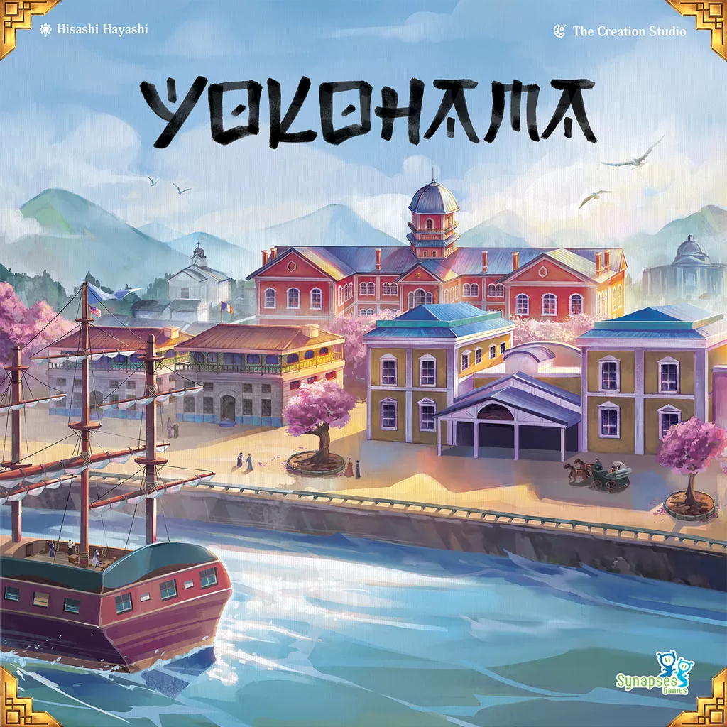 Yokohama board game cover by Synapses Games shows a lively Japanese trade city harbor with a docked ship, pastel buildings with red roofs, cherry blossom trees, and mountains under a blue sky.
