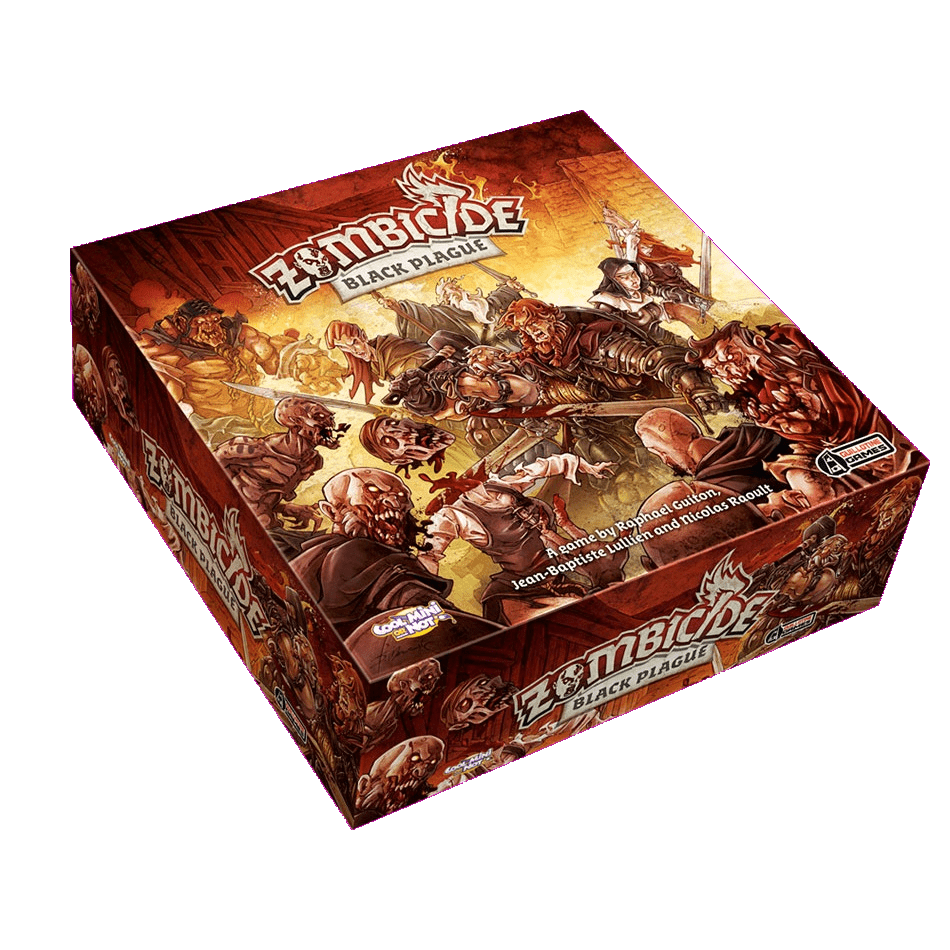 The Zombicide: Black Plague board game box from Cool Mini Or Not features vivid artwork of fantasy heroes battling zombies with weapons amid flames, reflecting the thrilling action of this cooperative medieval adventure.