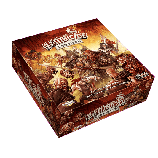 The Zombicide: Black Plague board game box from Cool Mini Or Not features vivid artwork of fantasy heroes battling zombies with weapons amid flames, reflecting the thrilling action of this cooperative medieval adventure.