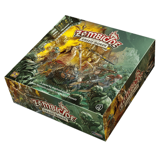 The image displays the box of Zombicide: Green Horde by Cool Mini Or Not, a cooperative medieval fantasy zombie game. The green box features action-packed artwork with heroes fighting zombies and shows the prominent game title.
