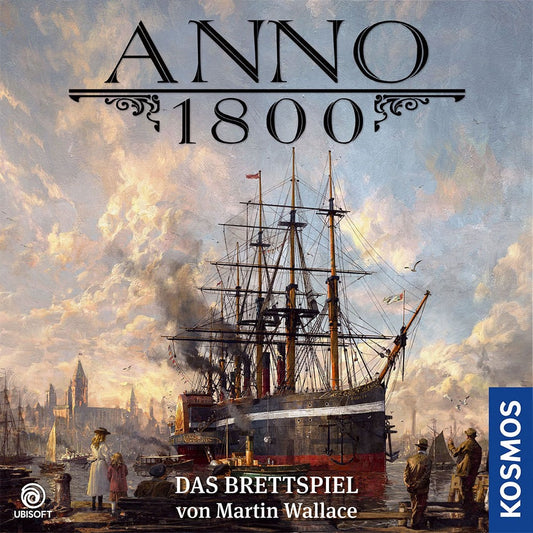 A large 19th-century steamship docks at a bustling harbor, smoke billowing as workers and boats surround it. Above, Kosmos’s Anno 1800 DE—a strategy game about production chains and industrialization—is featured.