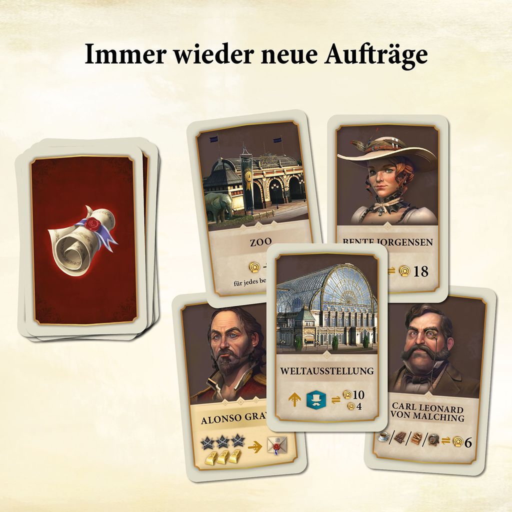 A deck of cards with a scroll icon appears next to four revealed cards featuring buildings and characters with German text and values. Heading: Immer wieder neue Aufträge – perfekt für Anno 1800 DE von Kosmos, das Aufbau-Strategiespiel zur Industrialisier