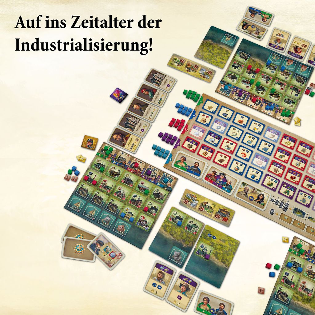 Colorful cards, tokens, and player boards from Anno 1800 DE by Kosmos are spread across a table. The German text "Auf ins Zeitalter der Industrialisierung!" appears in the top left of this Aufbau-Strategiespiel scene.
