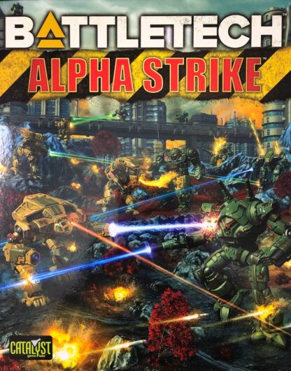 Cover of BattleTech: Alpha Strike Boxed Set shows towering BattleMechs firing lasers amid a war-torn city, with explosions and destruction; Catalyst Game Labs logo at bottom left—ideal for tabletop miniatures fans.