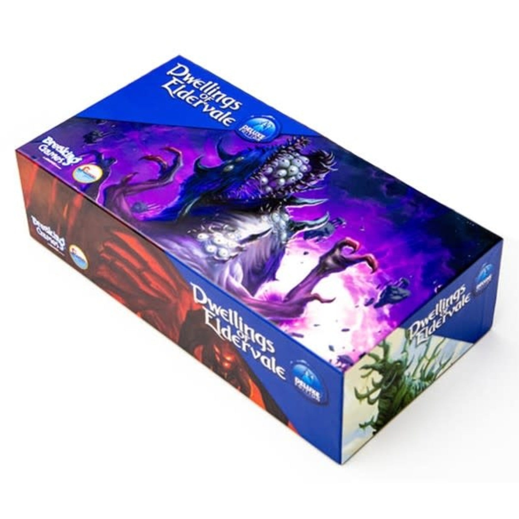 The Dwellings of Eldervale: Standard Second Edition Bundle by Breaking Games comes in a rectangular box featuring vibrant fantasy art of a tentacled creature on purple, with the game’s title on the lid and sides.